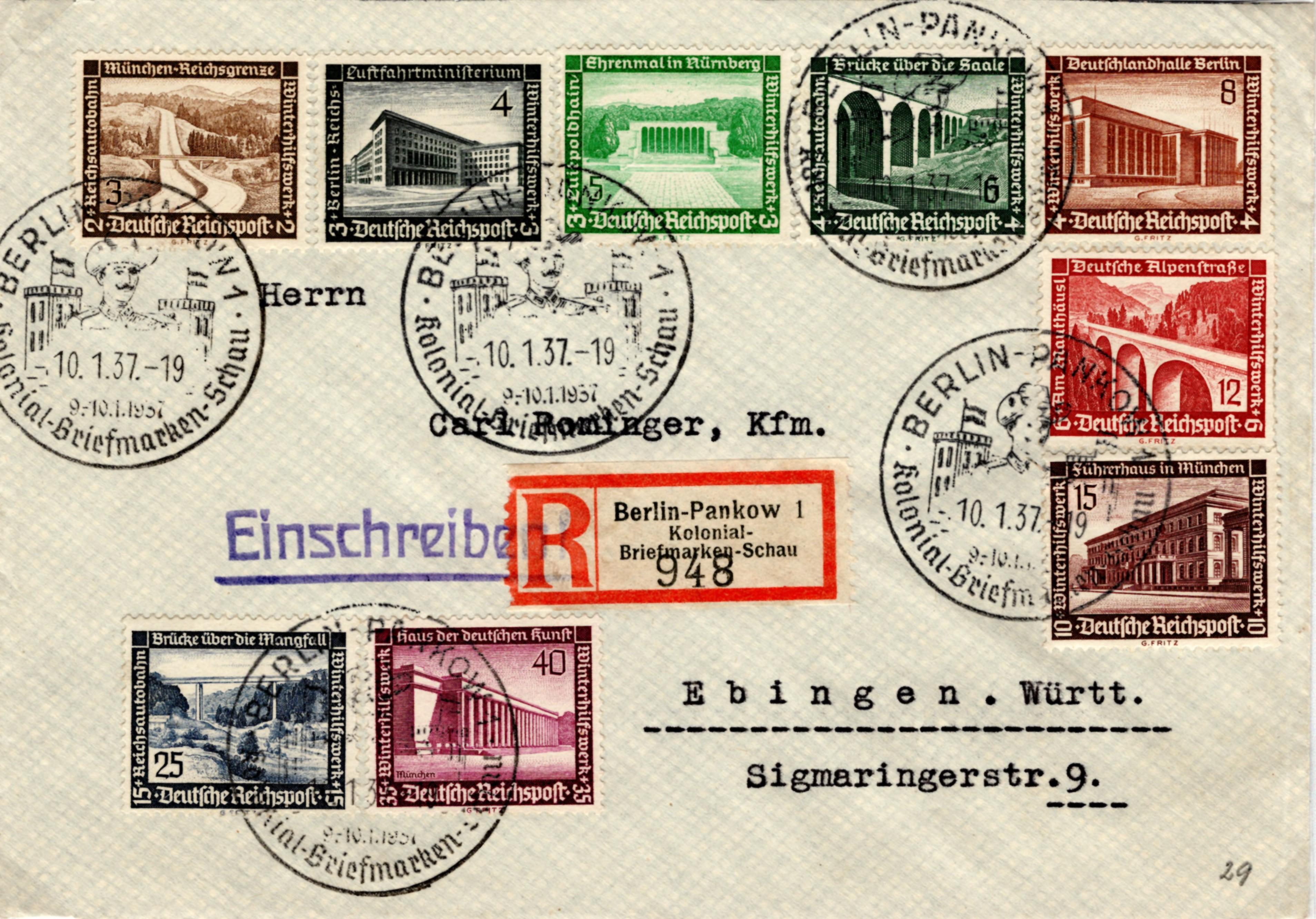 Brief der Kolonial-Briefmarken-Schau Berlin 1937