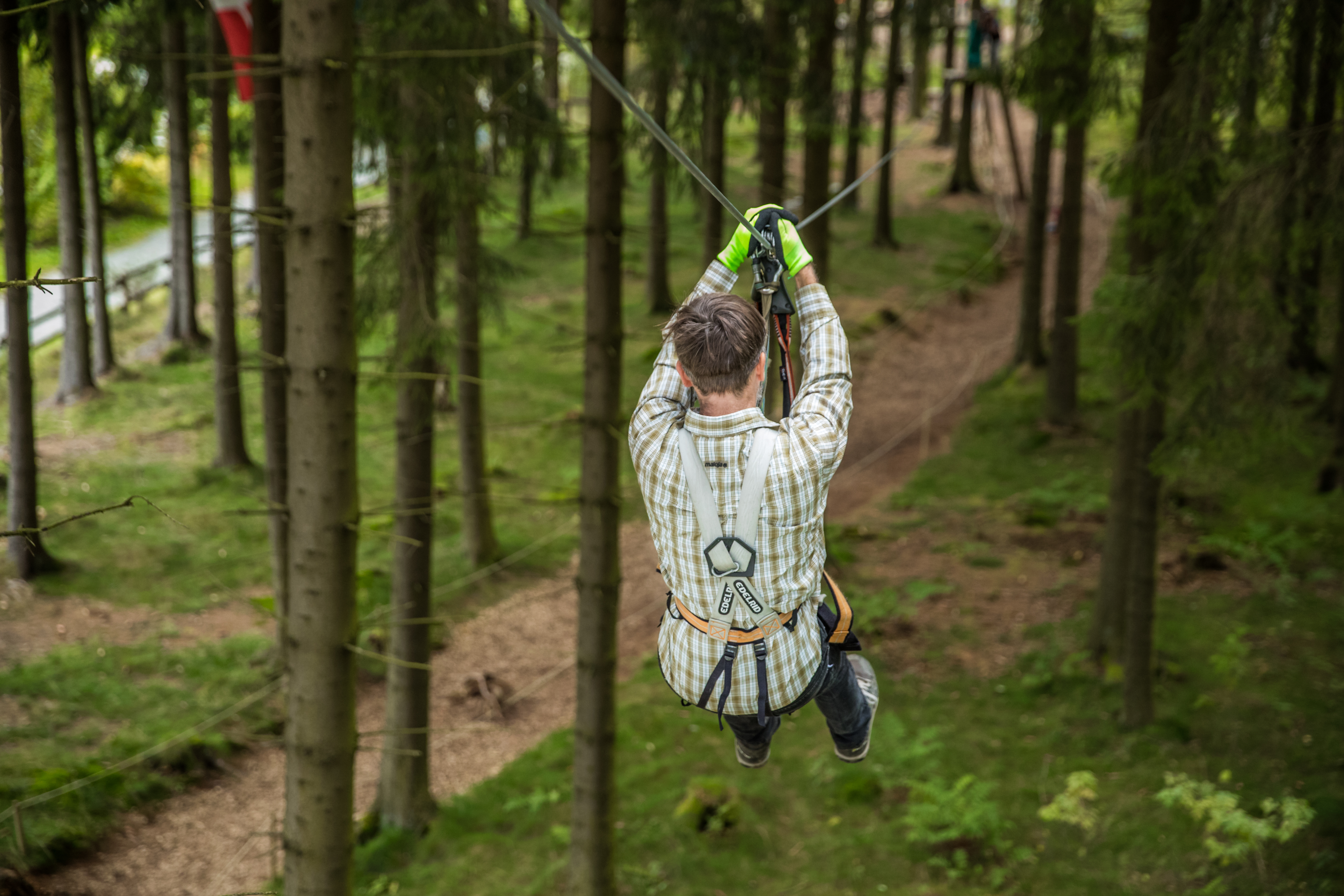 Eine Person fliegt an einem Gurt und Seil gesichert von einem Baum zum nächsten.