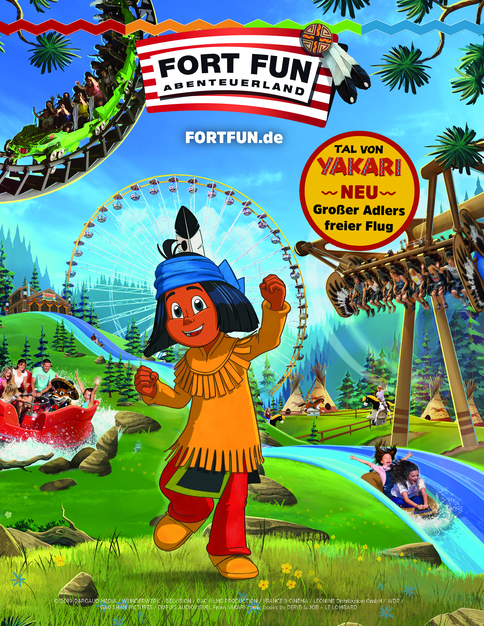 Ein Plakat vom Freizeitpark Fort Fun im Comicstil mit verschiedenen Fahrgeschäften eines Freizeitparks und einem Indianerkind im Vordergrund.