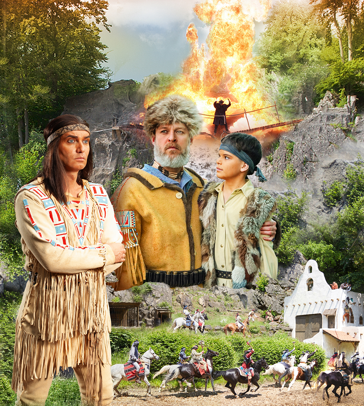 Ein Plakat mit Indianern und Cowboys vor Wald und Felswänden.