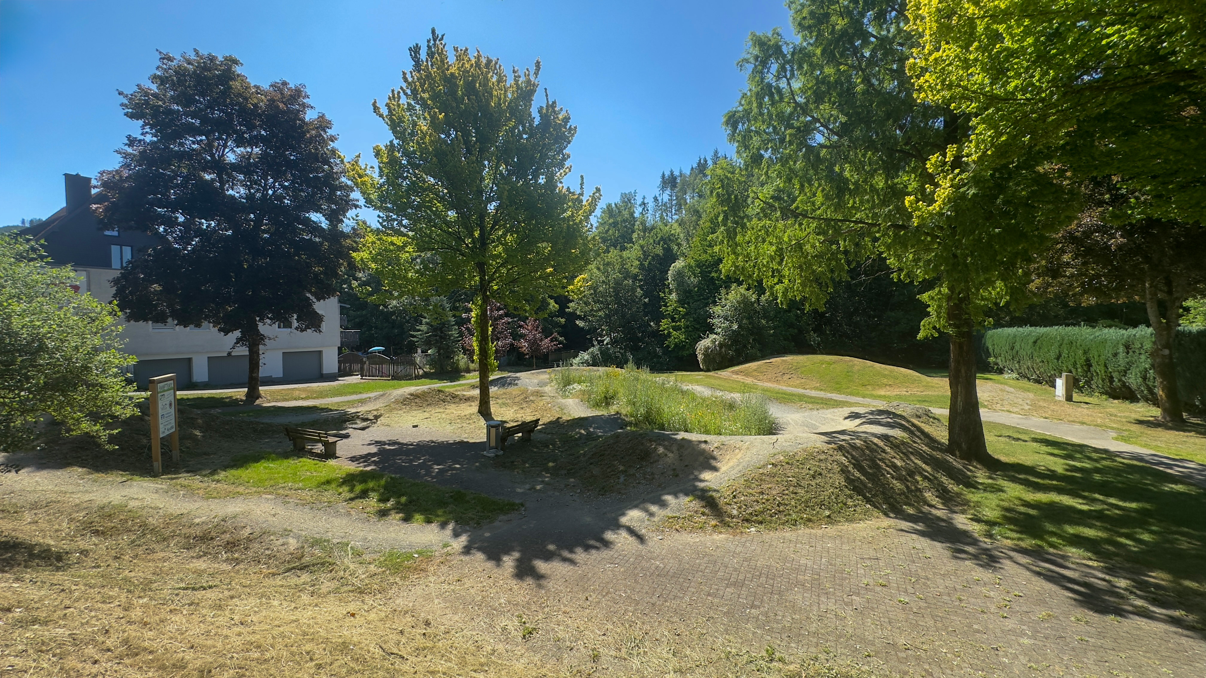 Ein kleiner Mountainbike-Trail mit Hügeln, Kurven und Bäumen. Ein kleiner Mountainbike-Trail mit Hügeln, Kurven und Bäumen.